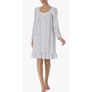 Eileen West nightgown Sz M Grey Ditsy Cotton Short Summer Flowers Ruffle EUC